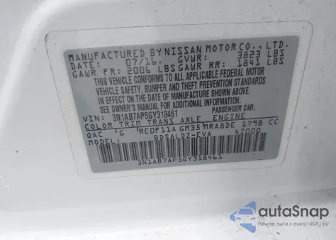 2016 Nissan Sentra Sv z USA, uszkodzony, nr VIN 3N1AB7AP5GY318461